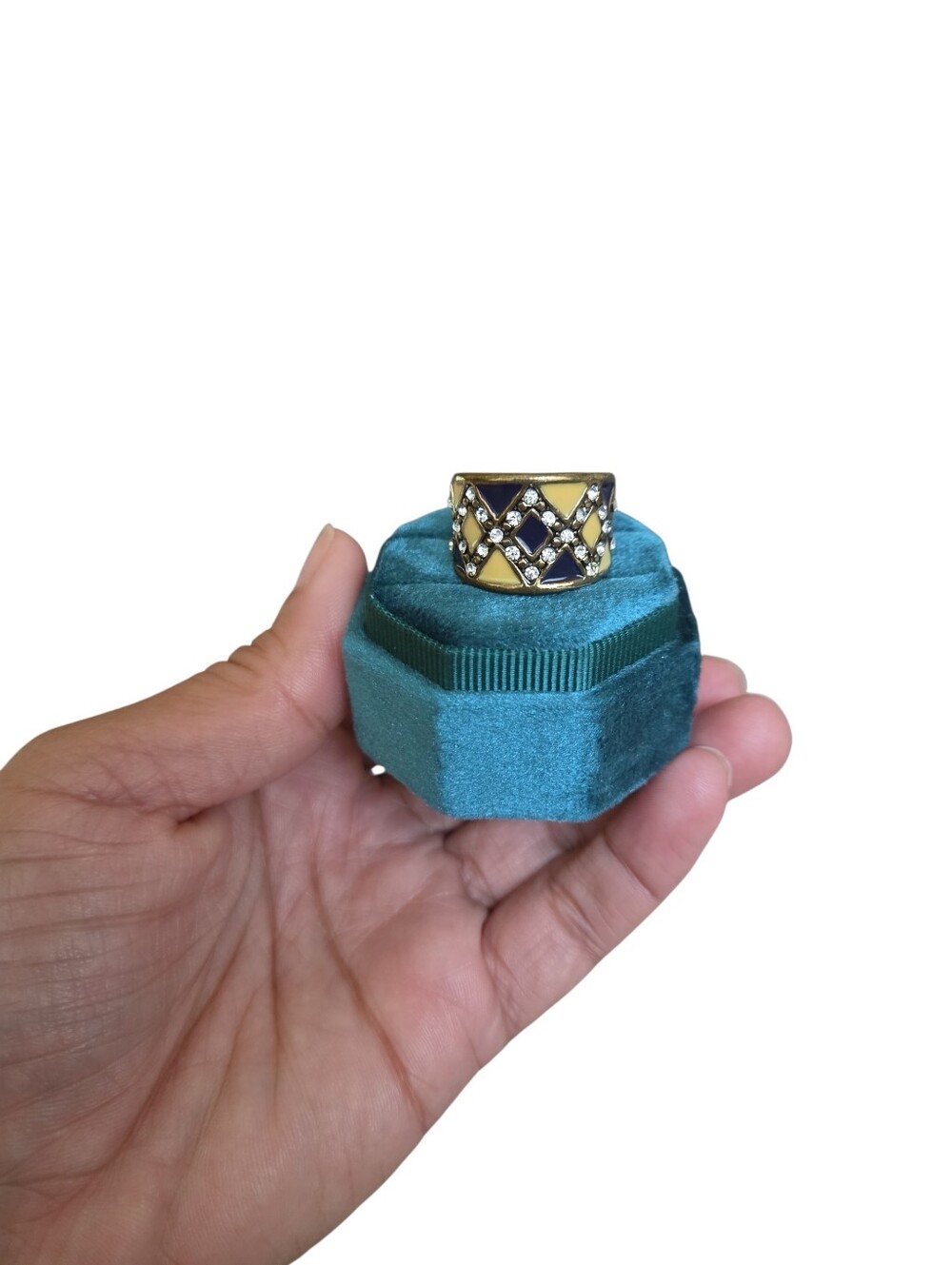 Size 8 Gold Toned Statement Band Ring with Yellow and Black Enamel Clear Stones